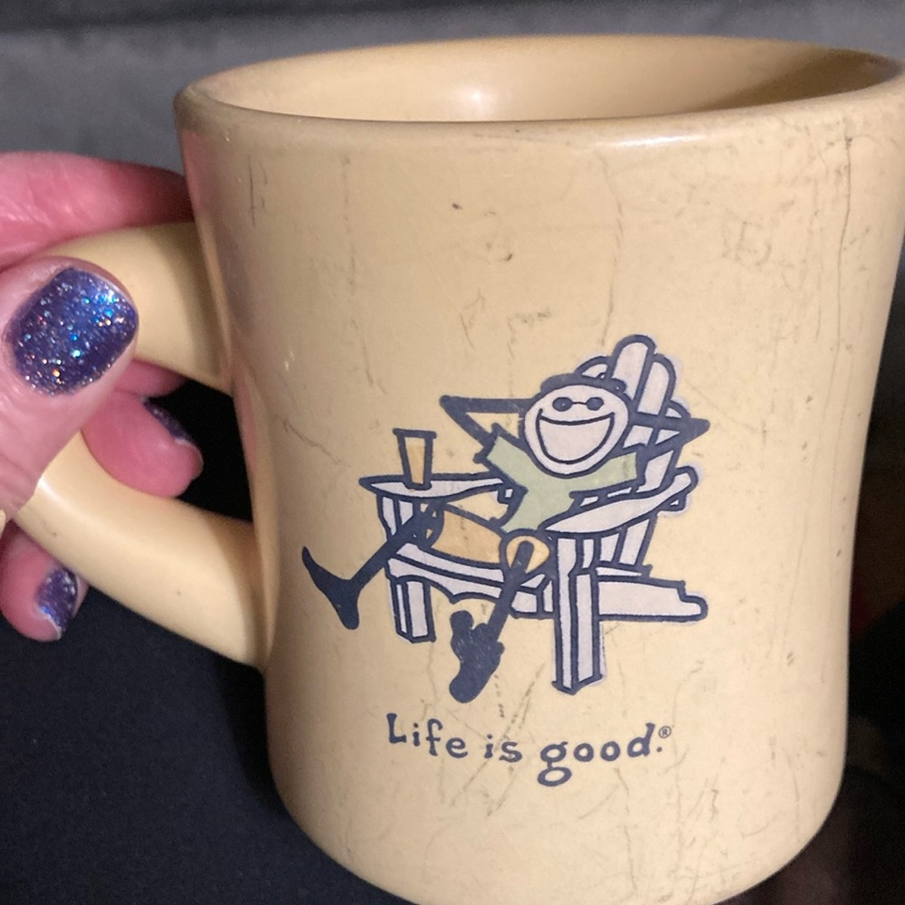 Classic LIFE IS GOOD diner style mug.  Very thick, Well loved with worn spots